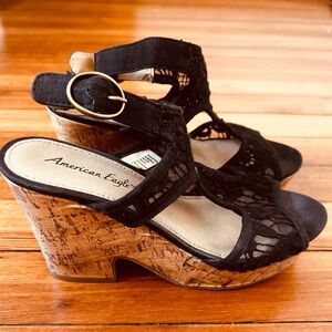 American Eagle Outfitters Black Lace Cork Wedge Sandals Women’s size 5